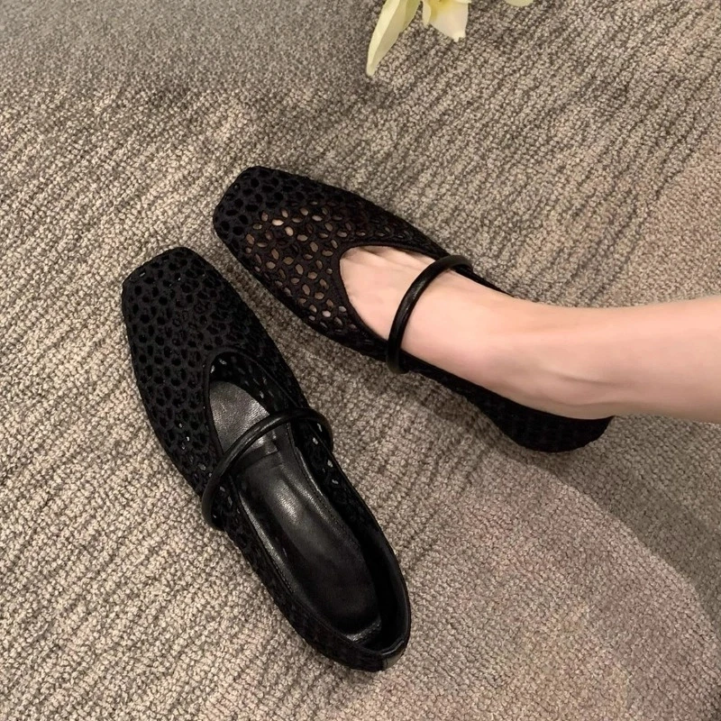 梦孜百丽方头编织单鞋女2025夏一字带软底透气罗马平底凉鞋