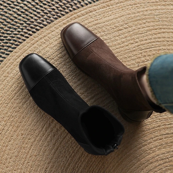 粗跟磨砂棕色短靴春秋真皮百搭单靴低跟方头马丁靴大码女鞋41-43