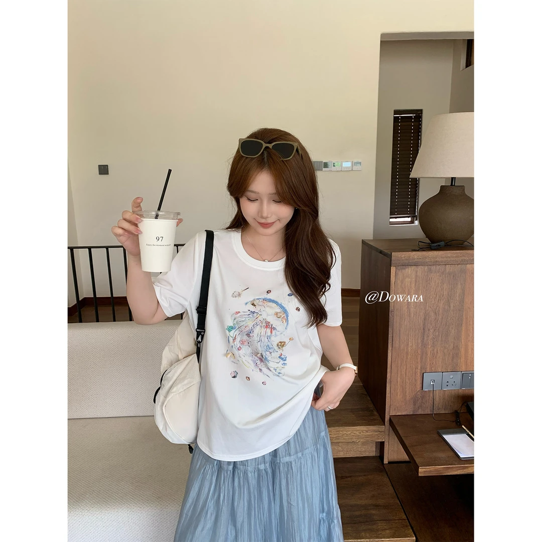 现货大婉酱微胖定制【灵动水母】莱赛尔短袖T恤夏季设计感上衣8265D