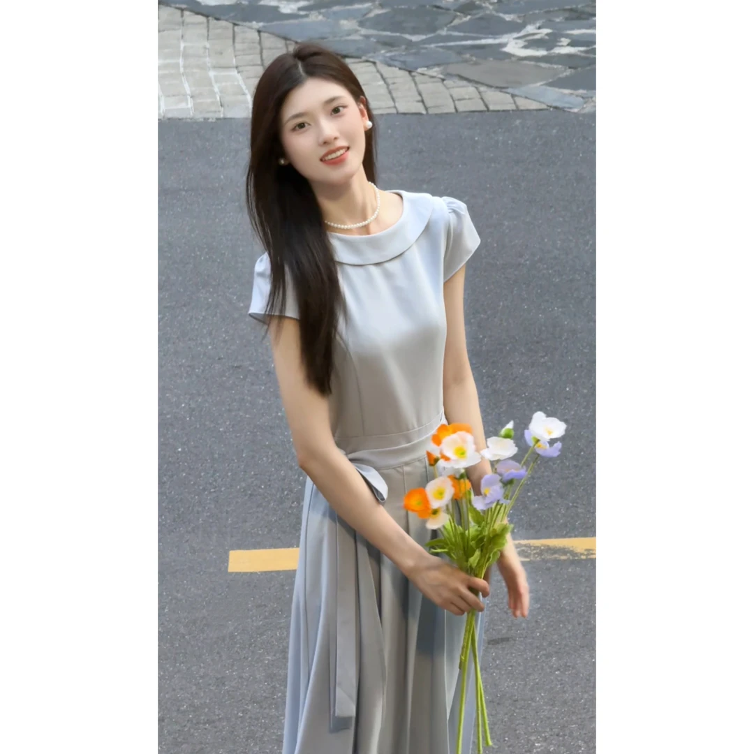 法式设计感系带船领连衣裙女2025夏季新款复古高级感气质短袖裙子