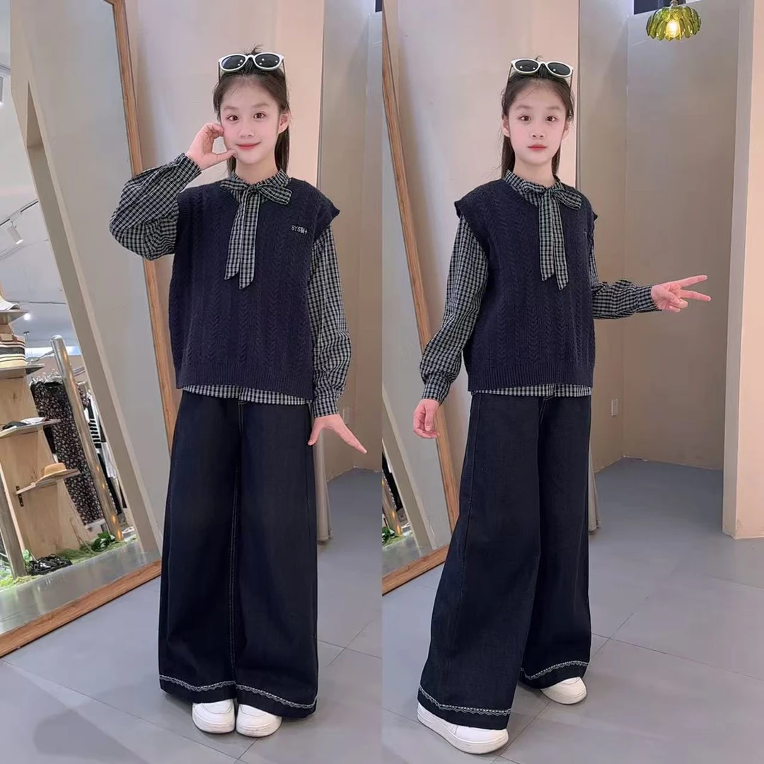 女童春秋款套装格子衬衫针织马甲中大童牛仔12-15岁初中女孩潮装