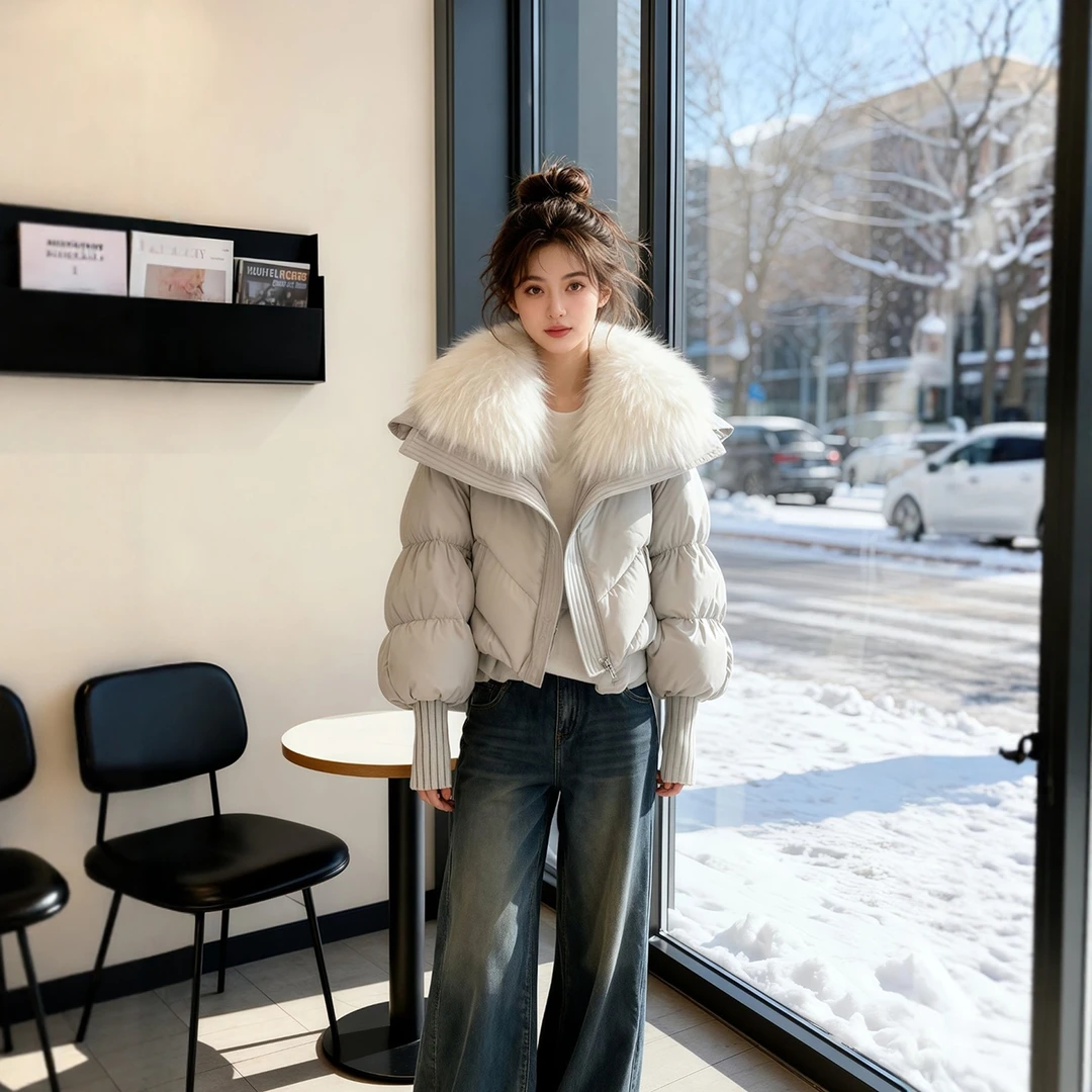 短款大毛领棉服女入冬季大码胖mm高级感洋气减龄加厚保暖棉衣外套