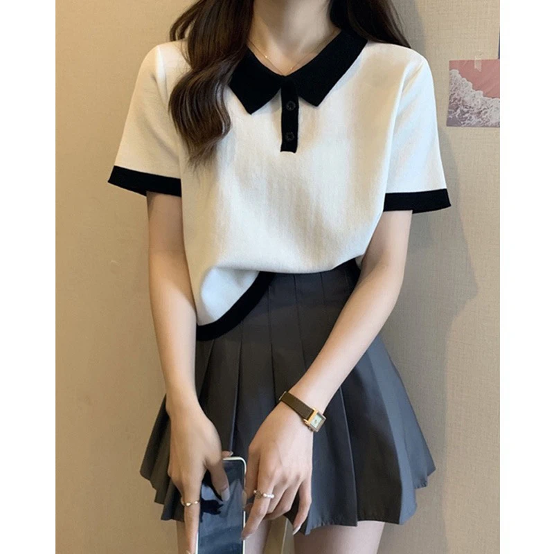 白色polo领短款t恤女2025新款爆款夏季纯棉短袖设计感宽松上衣