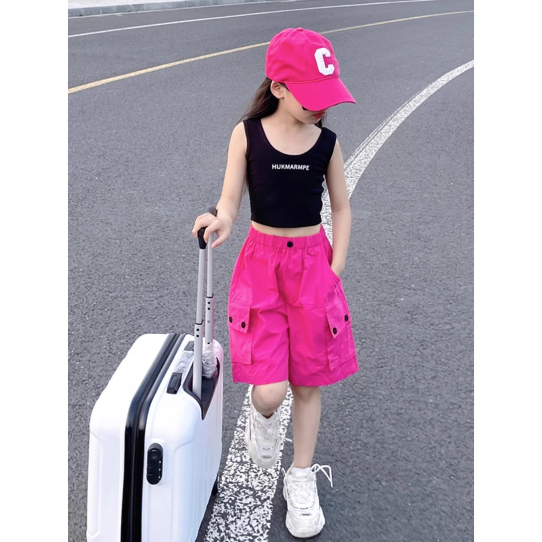 女童玫红色工装短裤2025新款高腰宽松休闲中裤美式速干运动五分裤