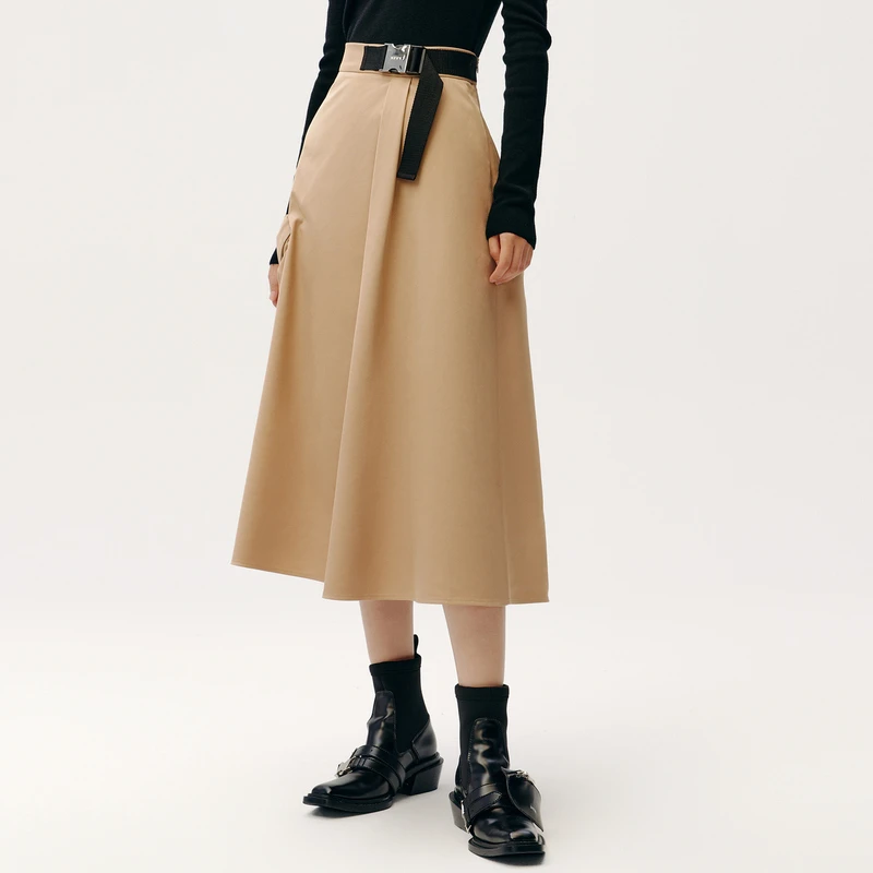 HPLY荷比俪春季新品女金属扣腰带口袋压褶设计垂感半HYC14700162