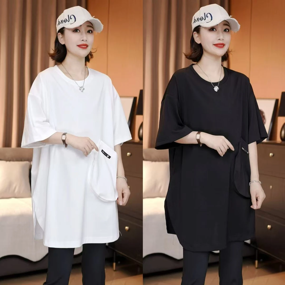 夏季新款大口袋圆领纯色T恤气质显瘦宽松时尚中长款休闲上衣