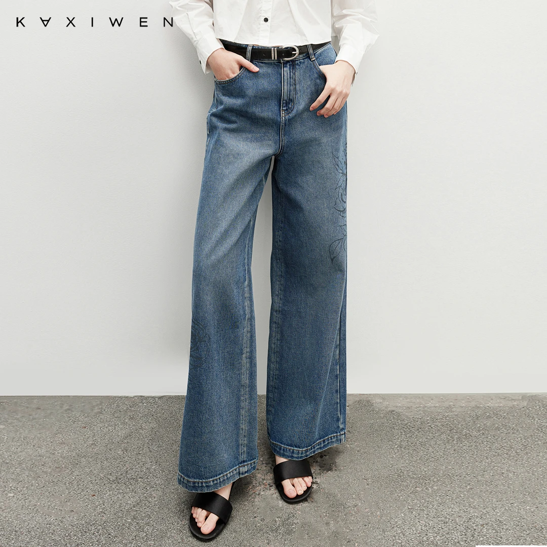 佧茜文时尚气质阔腿牛仔裤【春秋】玫瑰印花百搭直筒长裤X12BKN1607