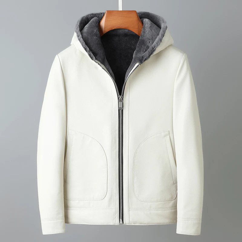 男士冬季新款真皮皮衣山羊皮皮毛一体羊毛连帽时尚加厚保暖外套88