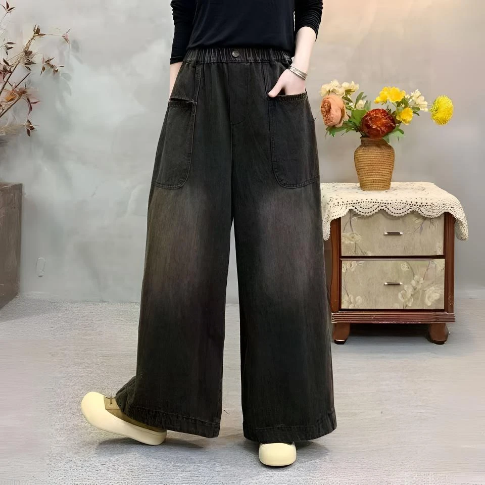 做旧炒色长裤秋季松紧腰新款牛仔裤复古宽松百搭裤子