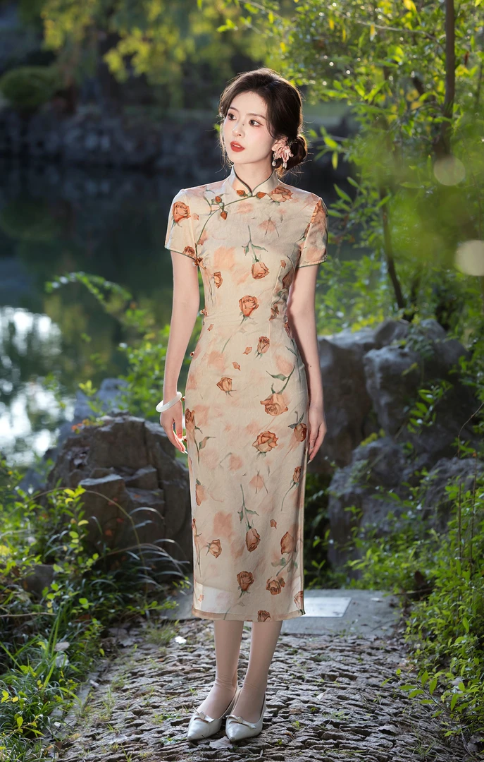 显瘦旗袍中长款日常新中式优雅碎花复古夏季修身气质中国风印花
