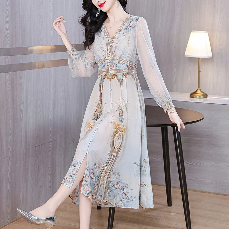 恒源祥集团彩羊女装长袖子2025新款冰丝夏季碎花收腰遮肚显瘦长