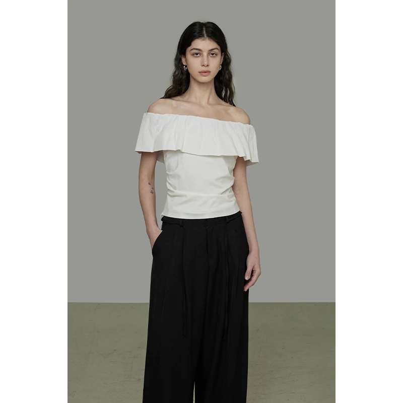 UNSPOKEN【腰部设计褶皱 简约时尚感】波浪一字肩修身上衣UX25S031