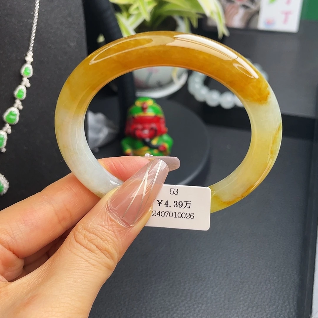 翡翠未镶嵌手镯53圈冰胶蜜糖黄翡圆条