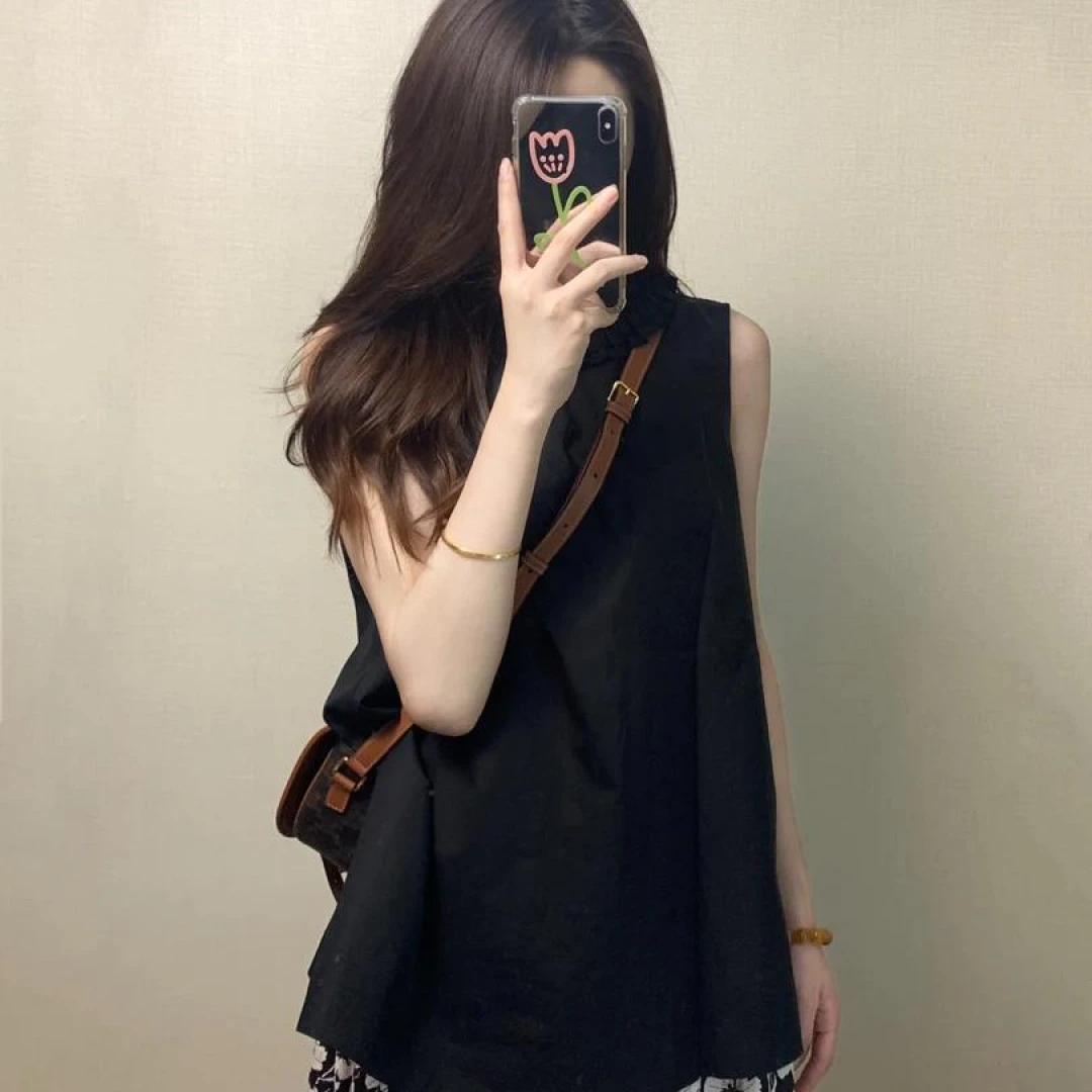 2025夏装搭配一整套女黑色木耳边衬衫上衣搭配碎花半身裙两件套女