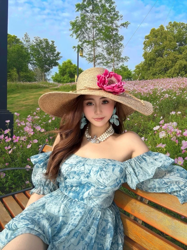 Olymm夏季度假风拉菲草大帽檐气质遮阳帽手工编织草帽海边沙滩帽