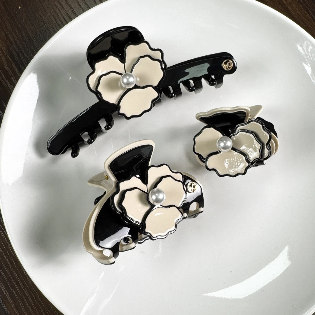 法式高级感轻奢山茶花发夹珍珠女高质感花朵醋酸抓夹鲨鱼夹头饰