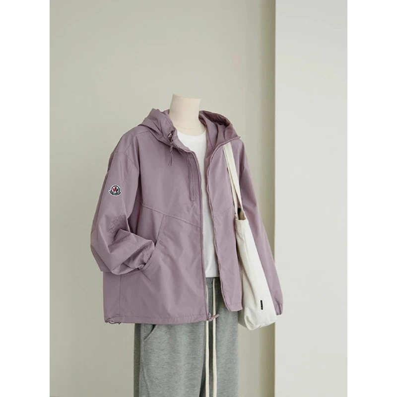 QDA004307春秋2024新款小香风短款运动休闲紫色连帽夹克外套女士