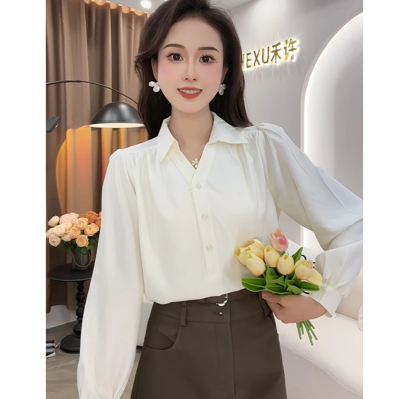 法式高级感蓝色polo领衬衫女2024秋季新款设计感小众长袖上衣