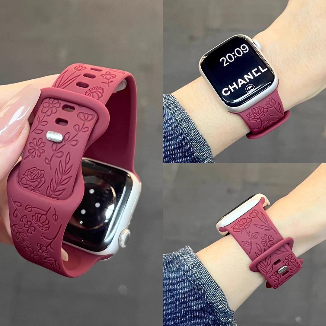 适用于iwatchs10新款玫瑰花纹硅胶S9表带87654代运动透气硅胶se2