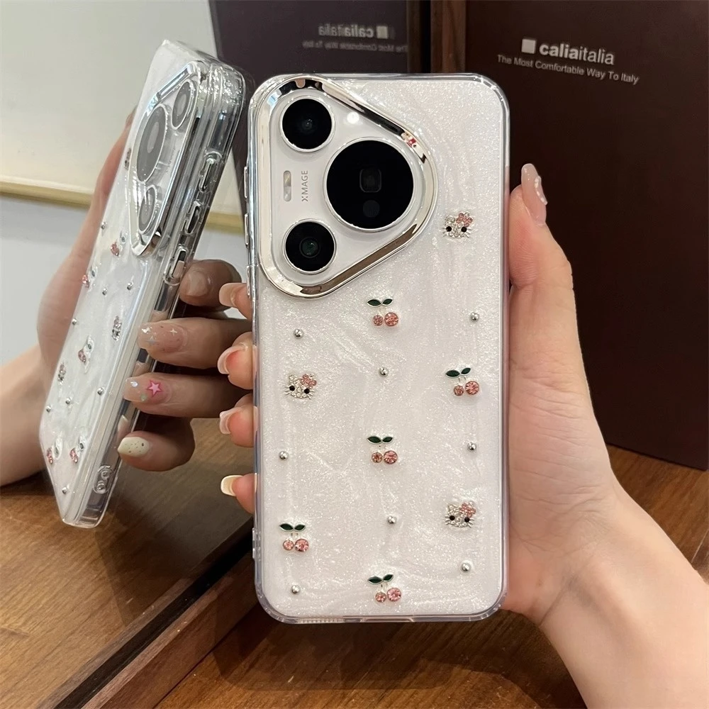 适用pura70pro+手机壳mate60pro小众ins粉樱桃闪钻KT猫mate70女款