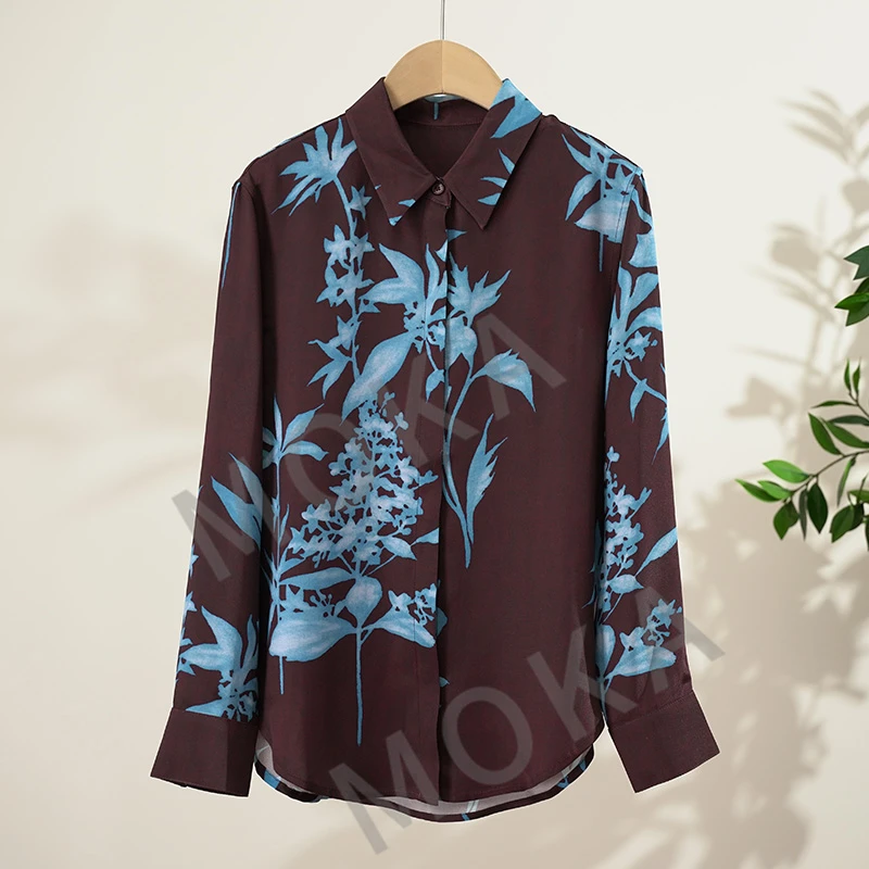 出口法单桑蚕丝弹力重绉蓝花女士衬衫（241540）20437