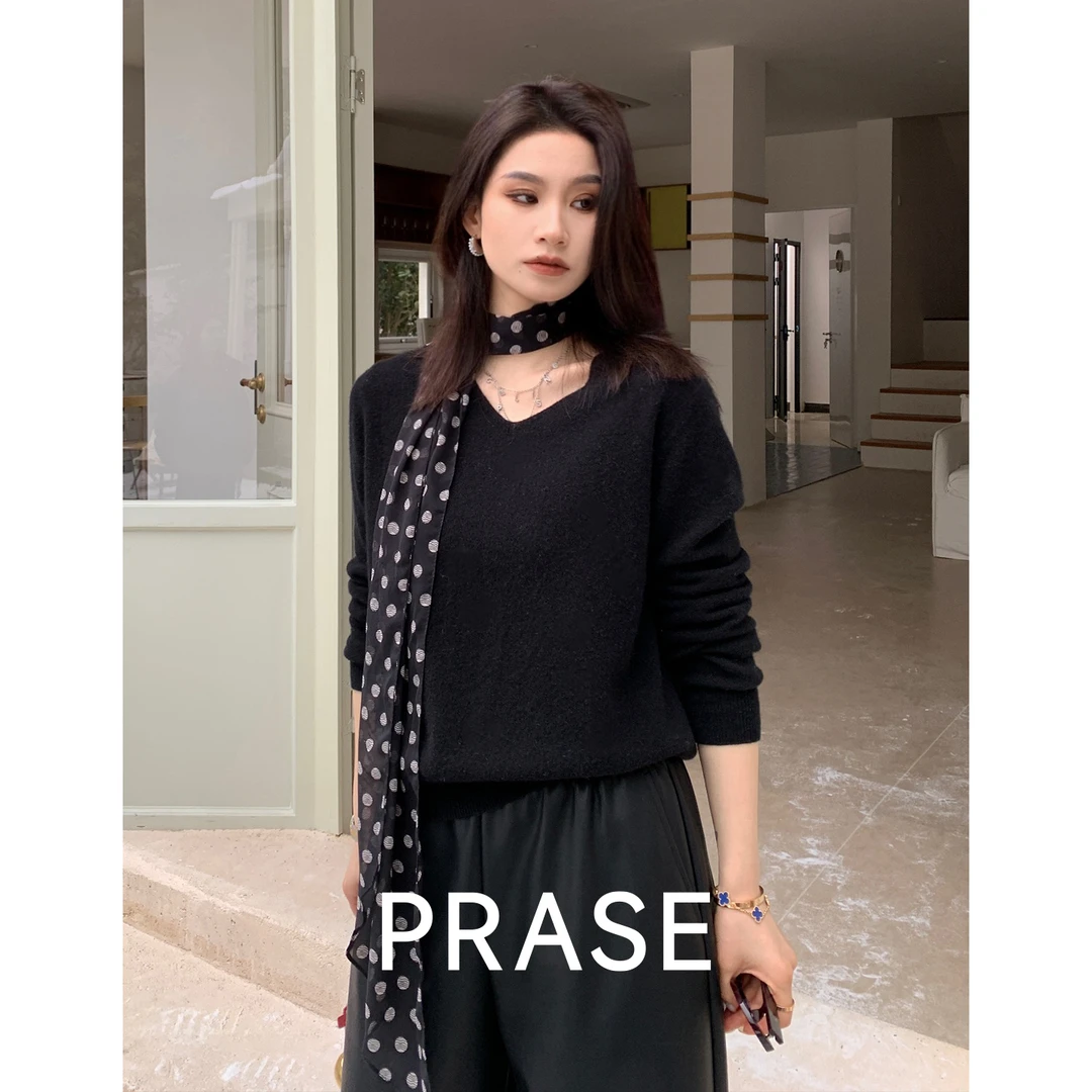 PRASE【胶囊衣橱】山羊绒绵羊毛微胖显瘦V领毛针织衫PR510C45