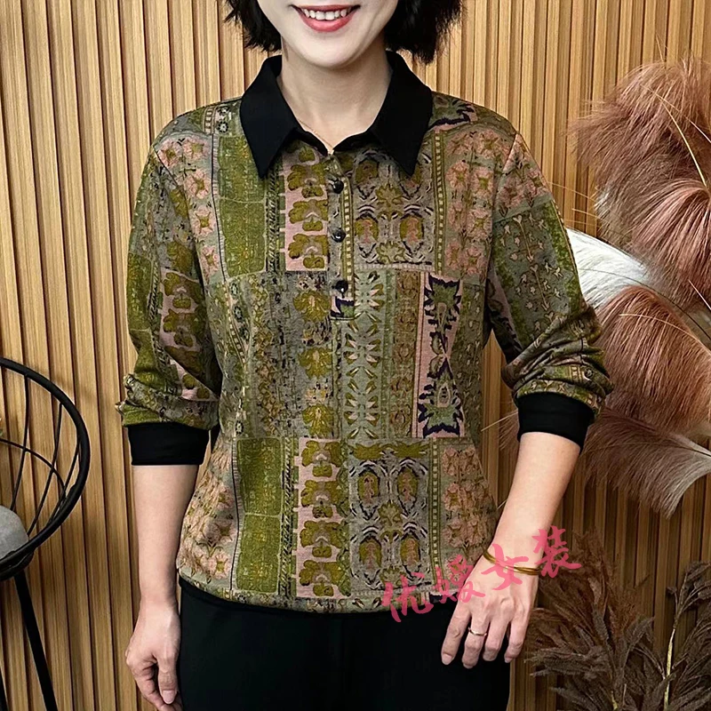 中老年女装秋季翻领复古印花休闲宽松显瘦百搭洋气妈妈装长袖上衣
