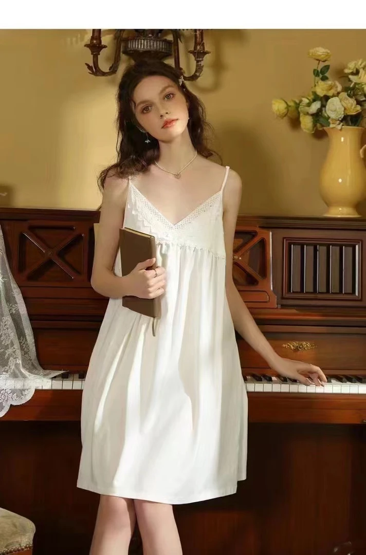 夏季纯棉宫廷风带胸垫性感吊带睡裙夏天蕾丝连衣裙公主风家居服