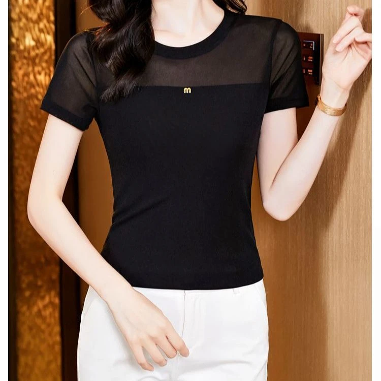 2025新款圆领短袖网纱T恤镂空显瘦洋气百搭内搭性感修身软纱上衣