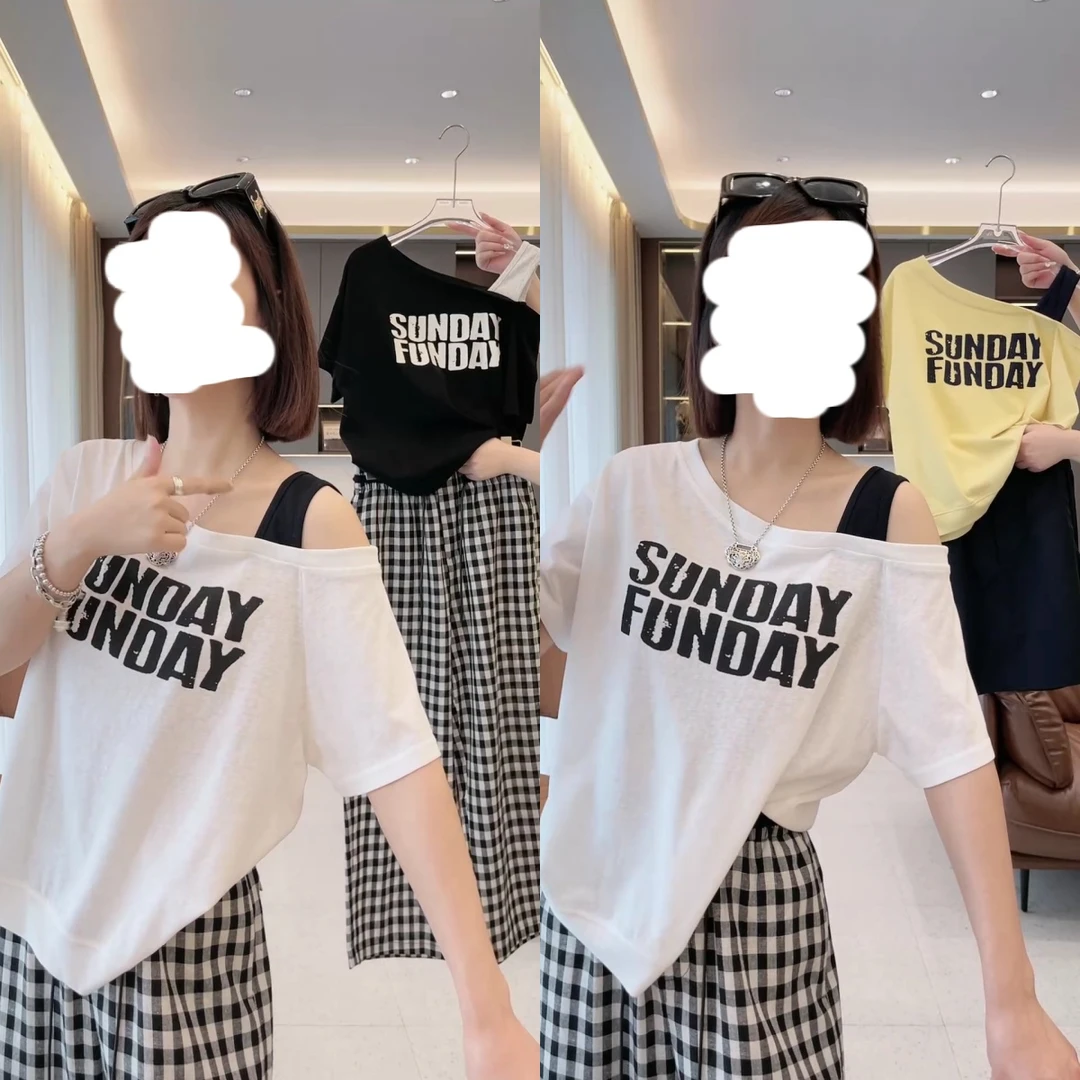 『撞色字母』2025夏季印花宽松斜肩领休闲气质T恤短袖上衣女