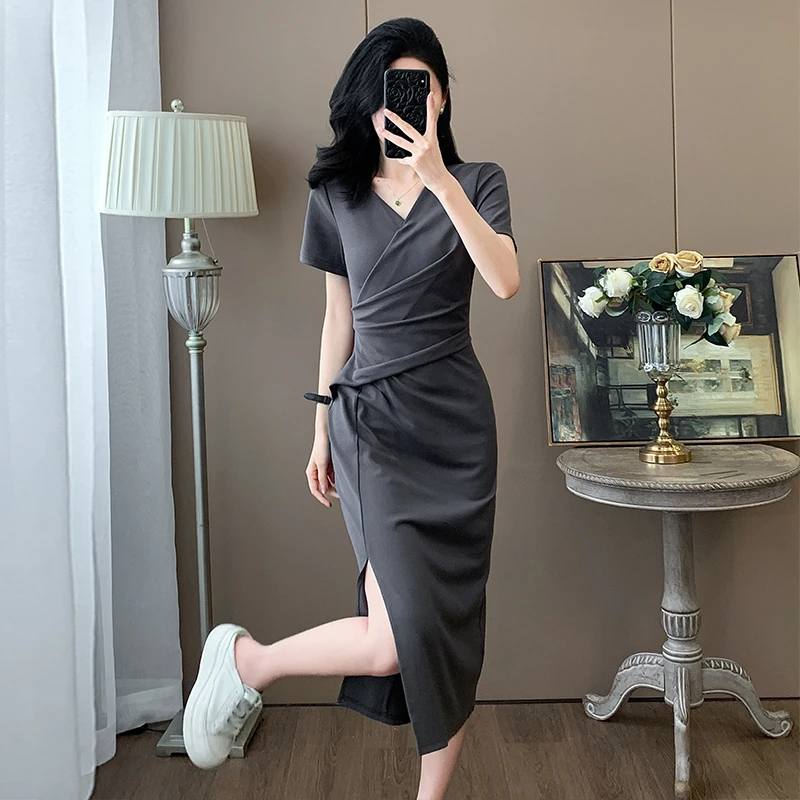 套头常规夏季鱼尾裙中长裙连衣裙开叉气质裙子显瘦时尚小众连衣裙