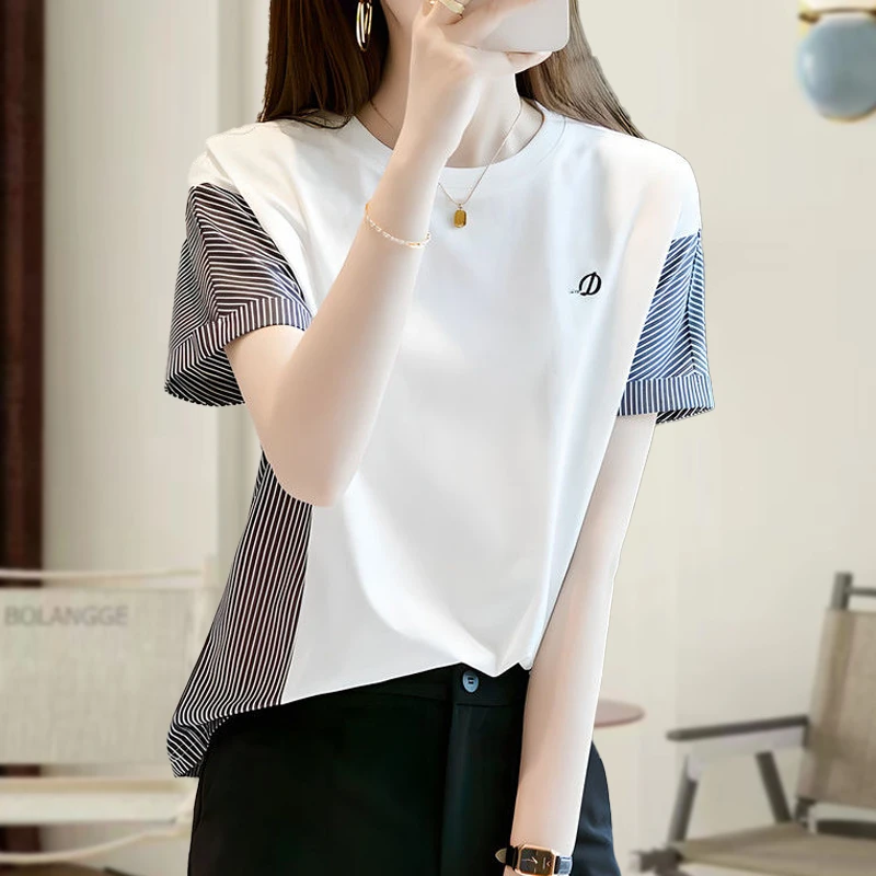 2025夏季新款精梳棉条纹短袖T恤女精梳棉刺绣体恤宽松显瘦上衣潮