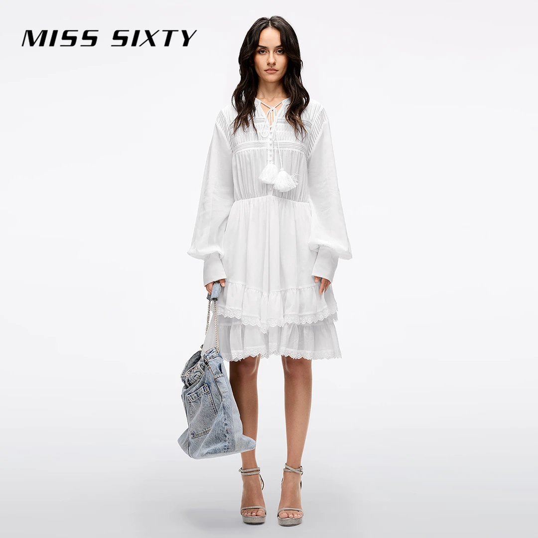 Miss Sixty2025春季新款长袖连衣裙女系绳流苏法式度假风甜美减龄
