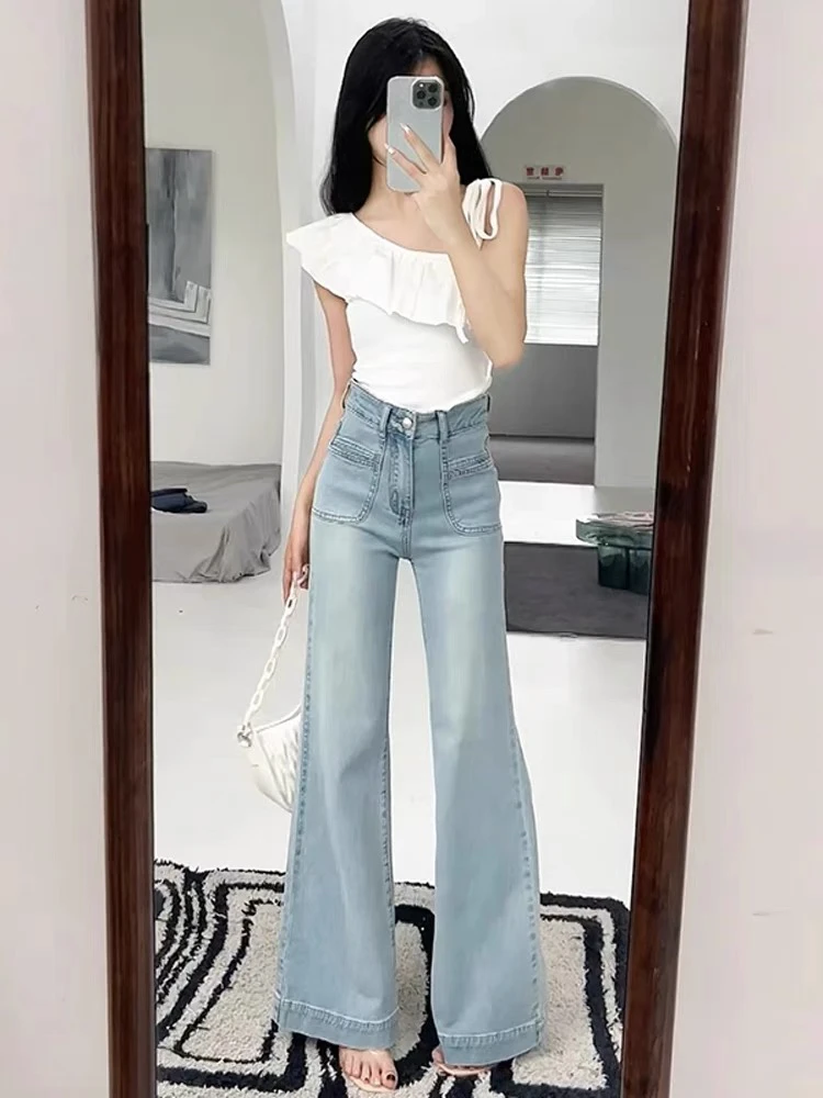【xy定制】加绒小个子浅色高腰拖地微喇叭弹力拖地宽松阔腿牛仔裤