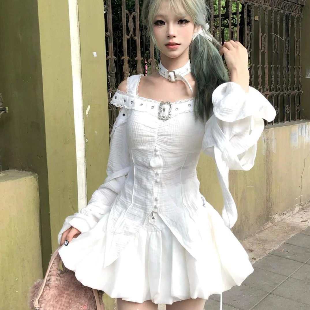 秋季辣妹亚文化哥特风重工设计感露肩拼接花边上衣高腰花苞裙套装
