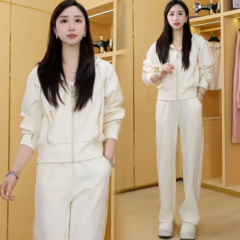 高含棉时尚百搭运动服套装女2026年春秋新款连帽外套直筒裤两件套