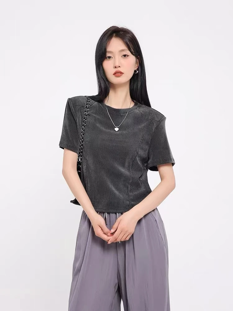 【P•T意法-画树】NN1102重工垫肩款条纹高级感小衫T显瘦时尚设计师