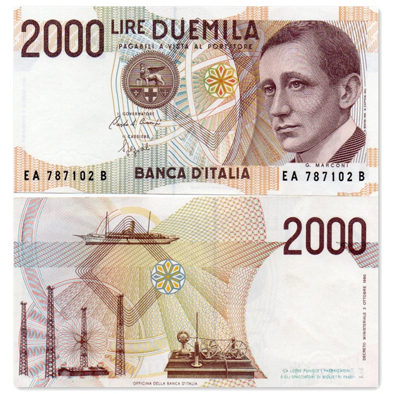 意大利2000里拉纸币 1990年诺贝尔奖马可尼 全新 欧洲外国钱币
