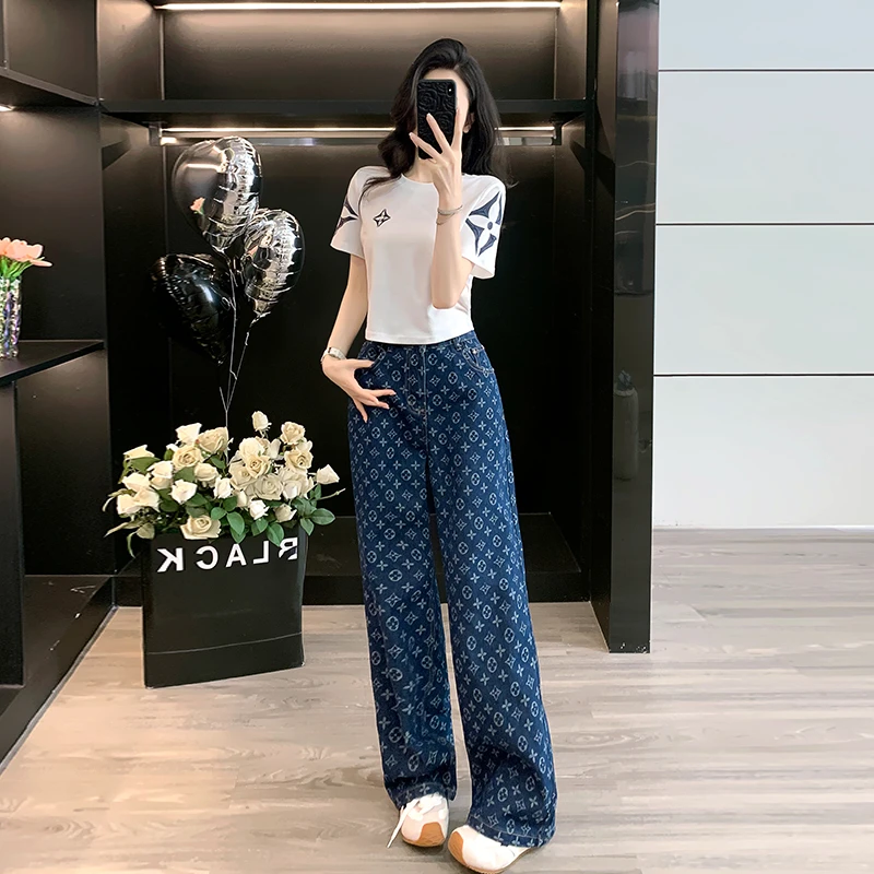 2025夏秋新款白色t恤潮流洋气印花阔腿高腰牛仔裤套装显瘦减龄女