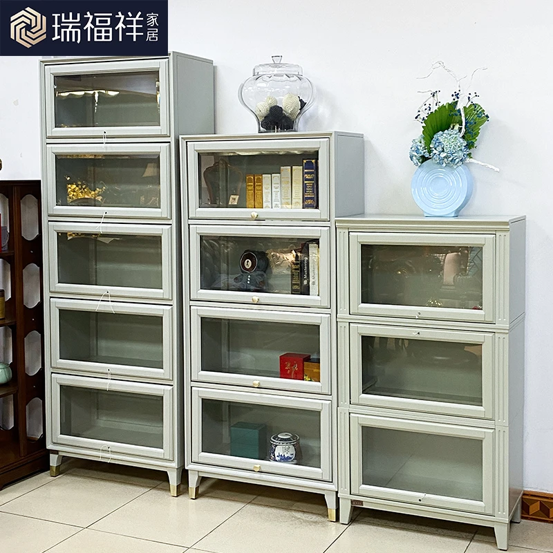 美式实木书柜家用展示储物柜带玻璃门书架客厅书柜AI450