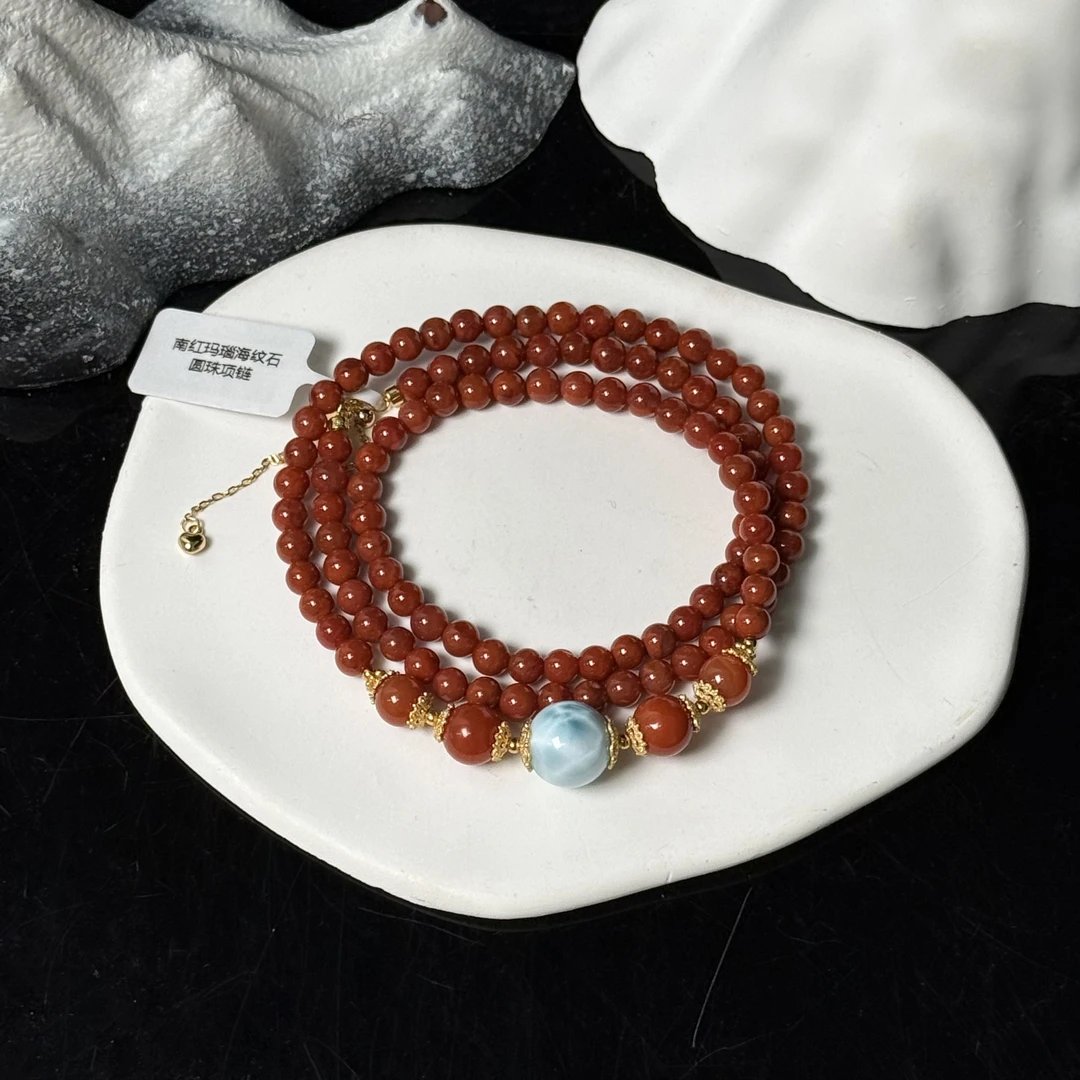 南红玛瑙海纹石圆珠项链