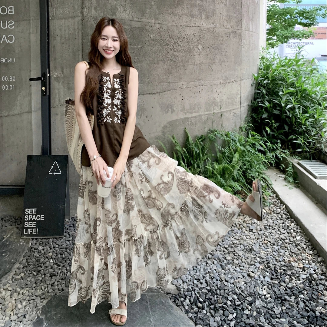 休闲气质背心印花半身裙套装女2025夏季新款爆款高级感显瘦两件套