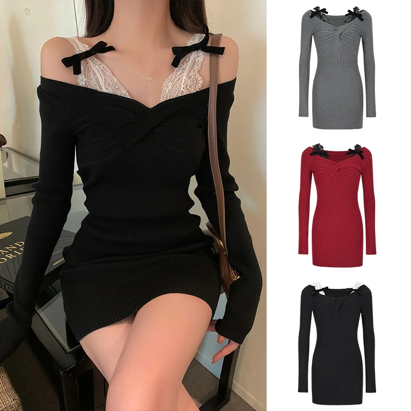 Moses Queen/魔西女王复古收腰针织连衣裙女假两件蝴蝶结打底上衣