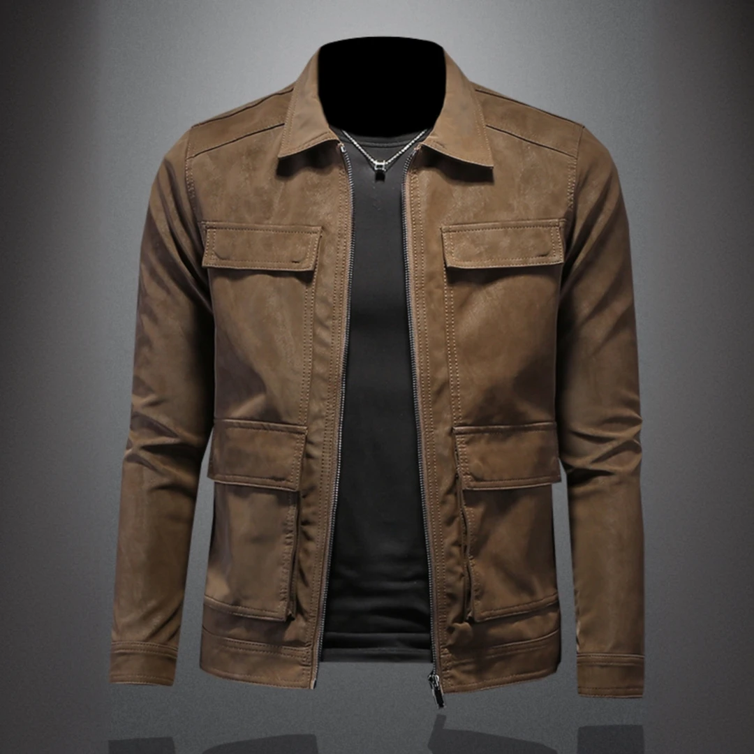 路茨梅帕复古麂皮绒夹克男装新款修身皮衣多口袋翻领休闲外套潮