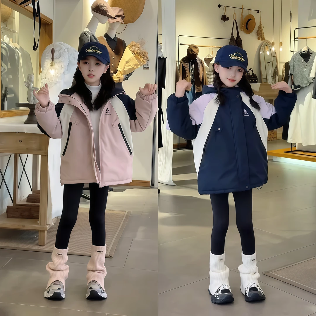 实体品质2025女童超厚过冬款韩版洋气拼色加棉加厚派克服外套