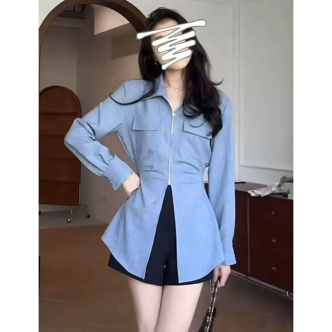 【小九家】大码衬衫拉链收腰侧边褶皱超百搭显瘦上衣9619