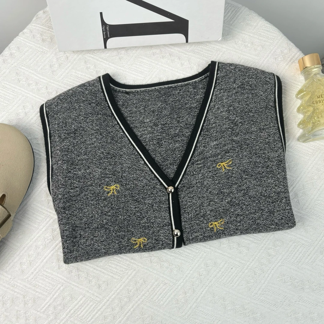 玲姐定制-V领图案款无袖马甲针织开衫210693