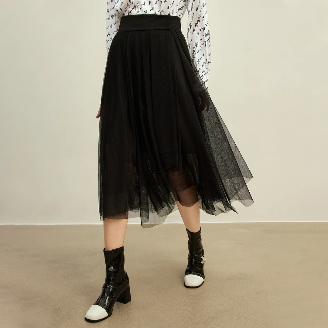 【芊芊专属】不规则网纱半身裙女秋季舒适暗扣设计中长裙Y230255