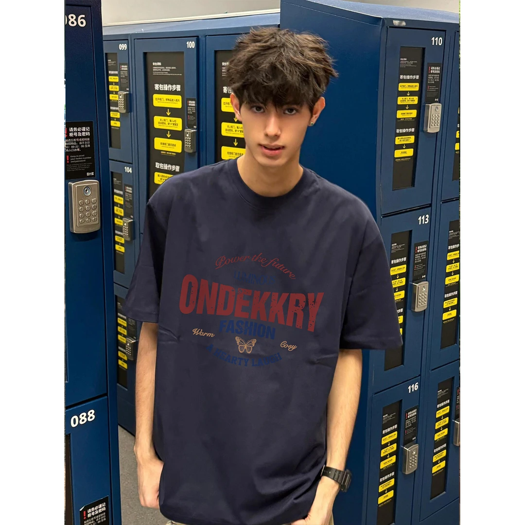 100%纯棉美式个性设计感字母印花短袖t恤男女夏季休闲情侣款上衣