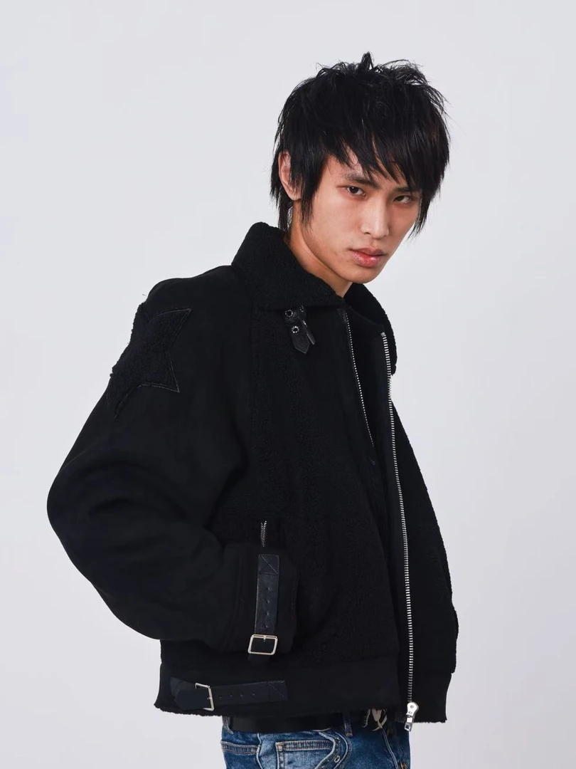 DETW 25AW*麂皮拼接羊羔绒金属绑带修身暗黑设计感视觉系加厚外套